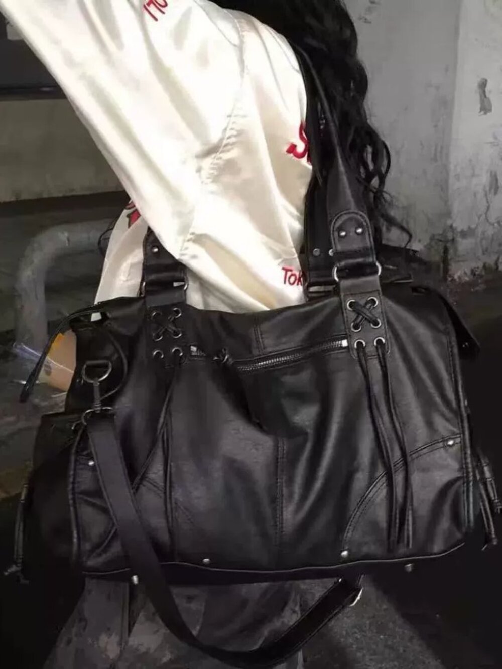 Women's Black Faux Leather Crossbody Bag - Edgy Multi-Strap Shoulder Hobo Purse